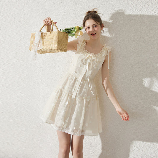 Textured Chiffon Dress With Floral Embellishments