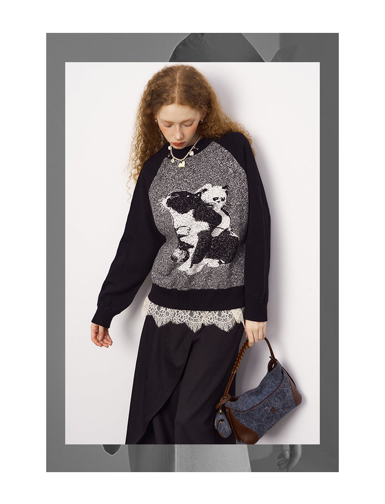 Monochrome Cat Motif Knit Raglan Sweater