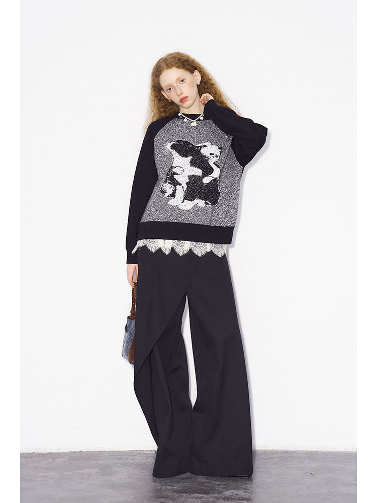 Monochrome Cat Motif Knit Raglan Sweater