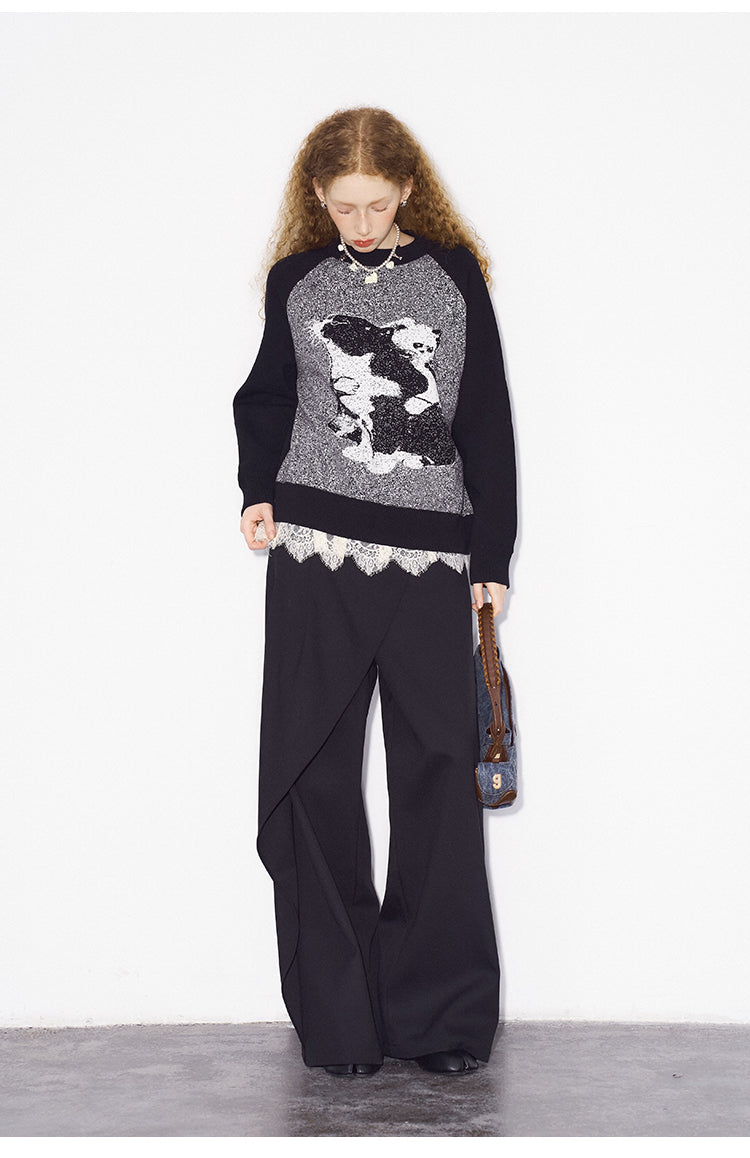 Monochrome Cat Motif Knit Raglan Sweater