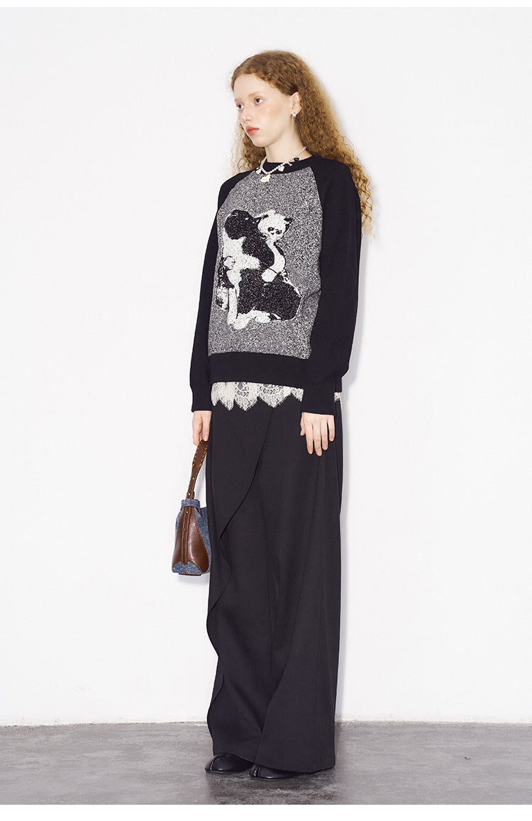 Monochrome Cat Motif Knit Raglan Sweater