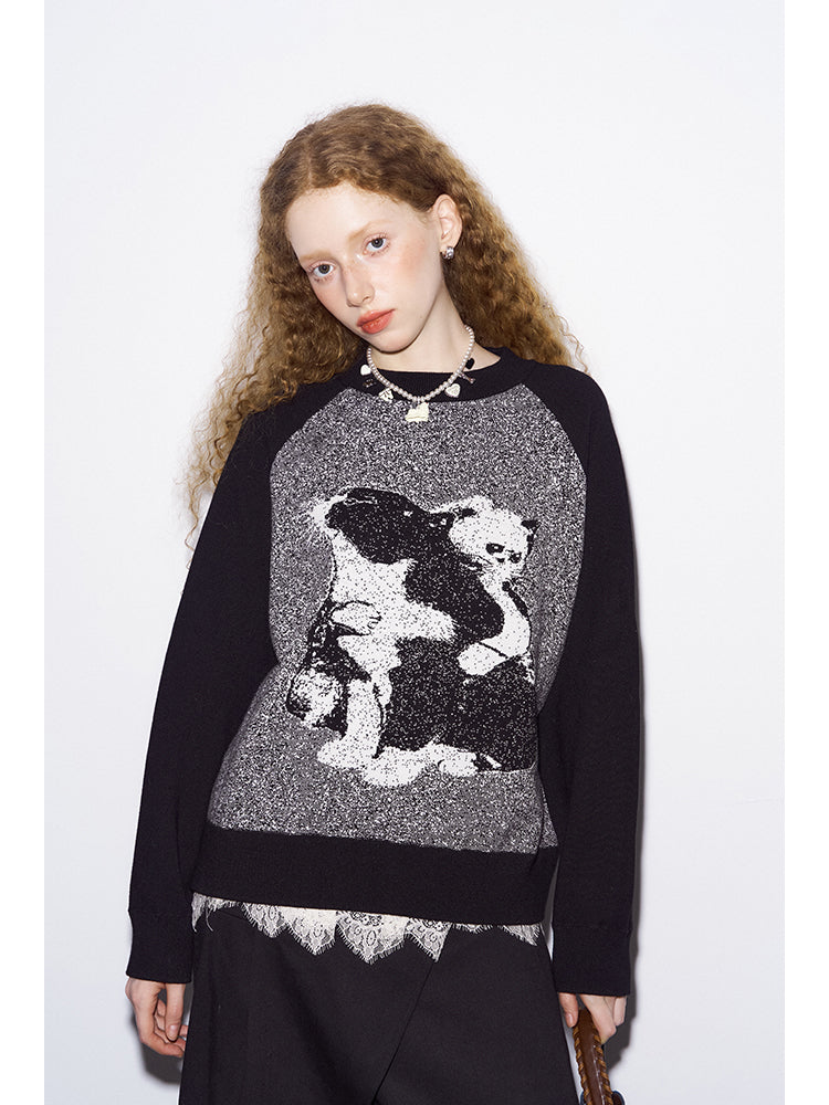 Monochrome Cat Motif Knit Raglan Sweater