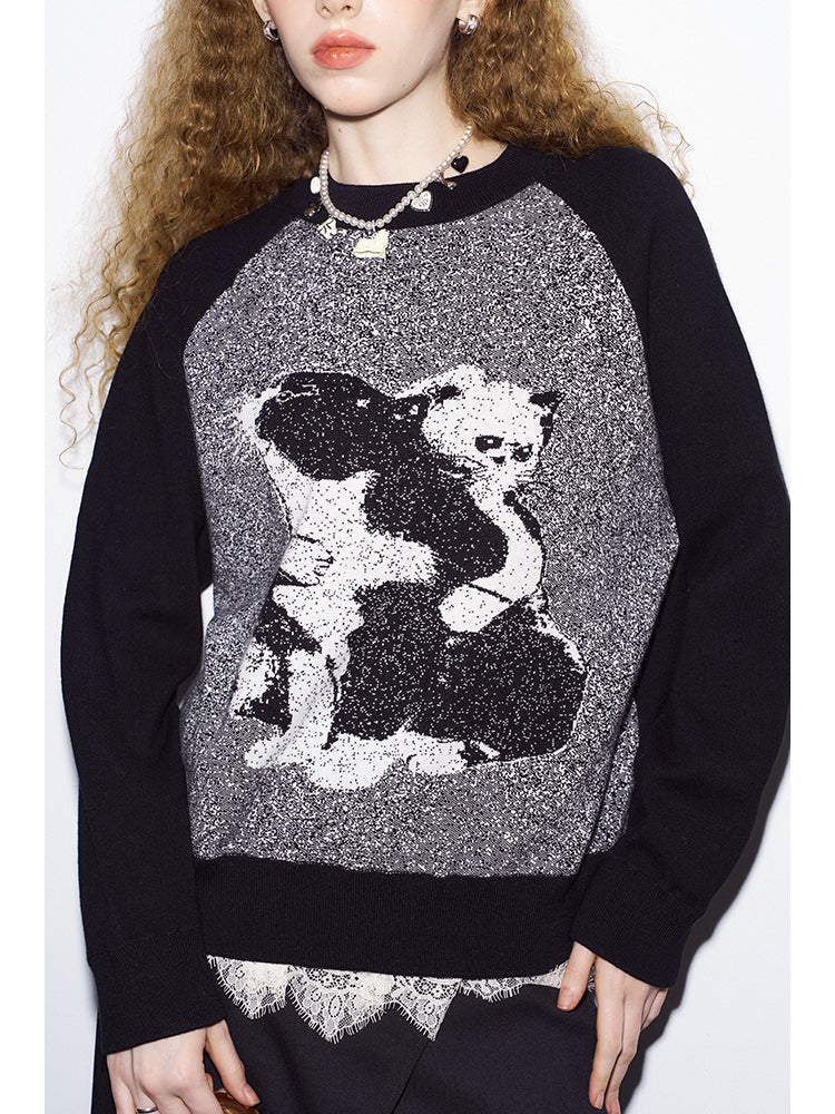 Monochrome Cat Motif Knit Raglan Sweater