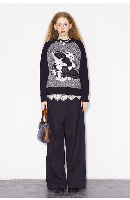 Monochrome Cat Motif Knit Raglan Sweater