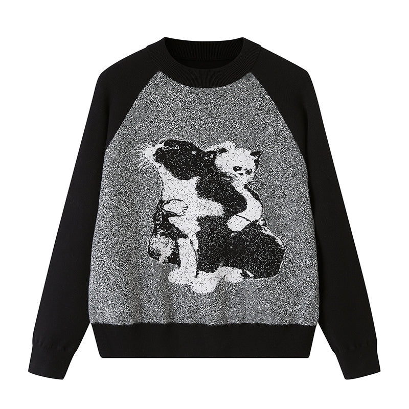 Monochrome Cat Motif Knit Raglan Sweater