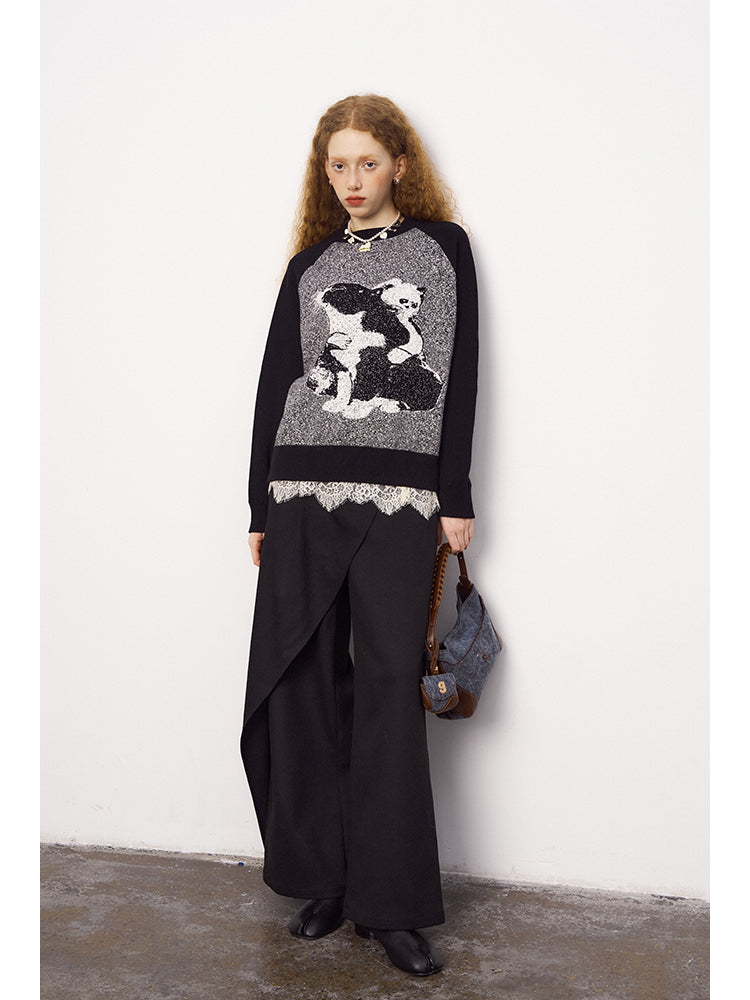 Monochrome Cat Motif Knit Raglan Sweater