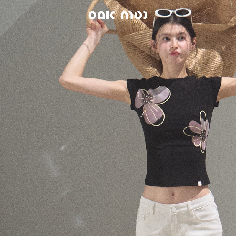 Flower Print Cap-Sleeve Fitted T-Shirt