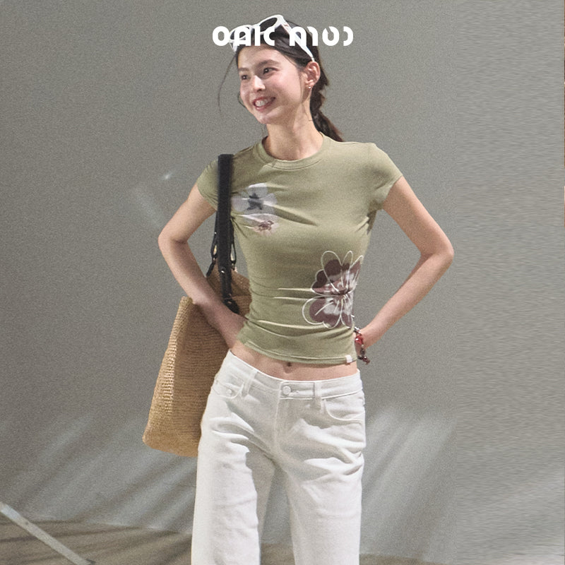 Flower Print Cap-Sleeve Fitted T-Shirt