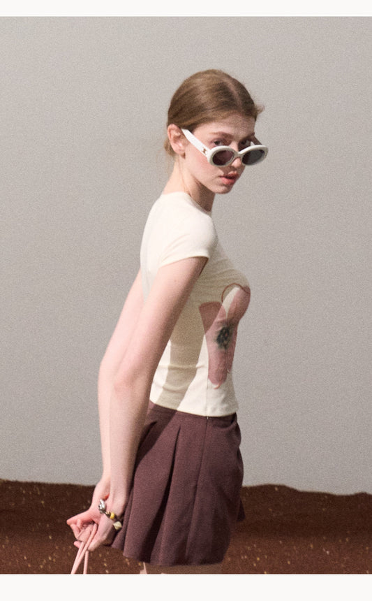 Flower Print Cap-Sleeve Fitted T-Shirt