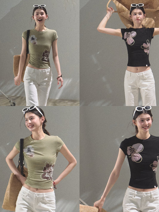 Flower Print Cap-Sleeve Fitted T-Shirt