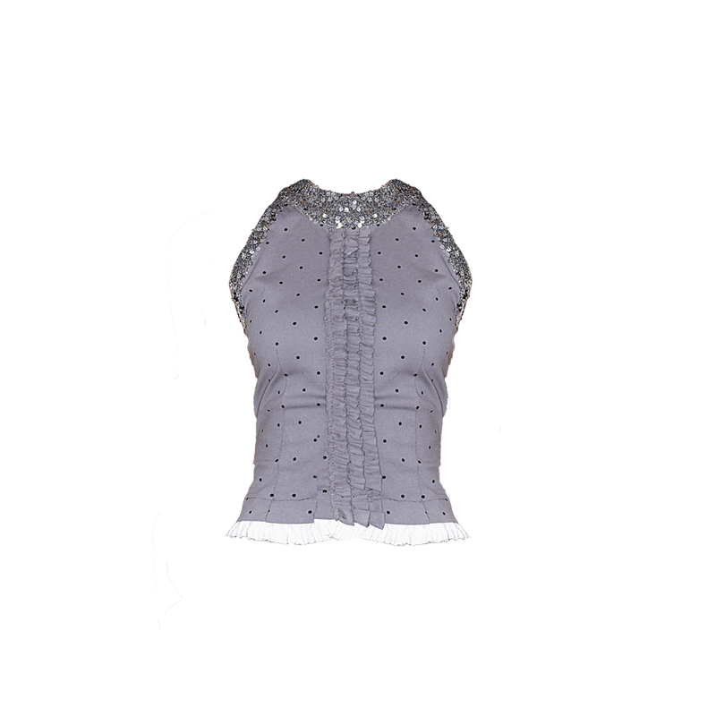 Polka Dot Ruffled Sleeveless Top With Sequin Neckline