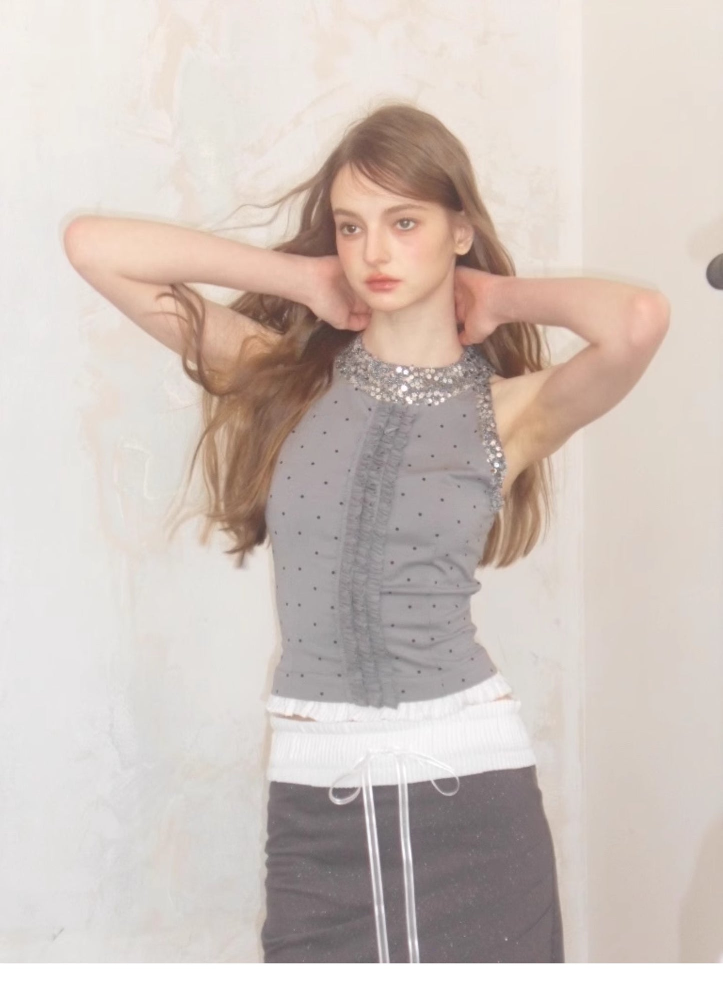 Polka Dot Ruffled Sleeveless Top With Sequin Neckline