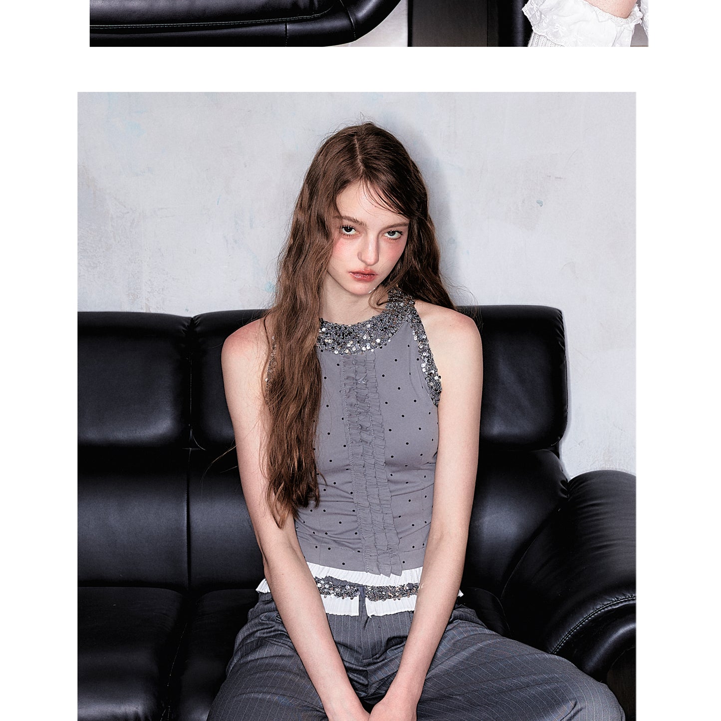 Polka Dot Ruffled Sleeveless Top With Sequin Neckline