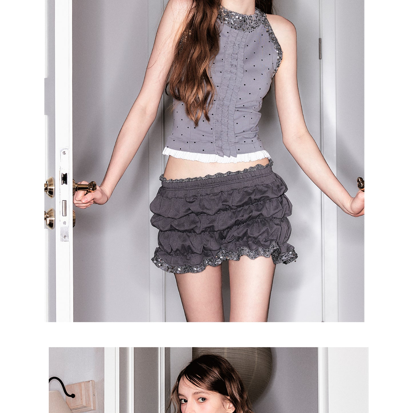 Polka Dot Ruffled Sleeveless Top With Sequin Neckline