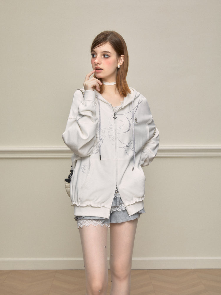 Studded Bow Zip-Up Hoodie With Raw Edges