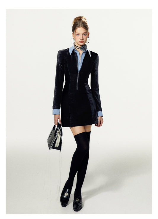 Faux Layered Front Zip Collared Velvet Dress