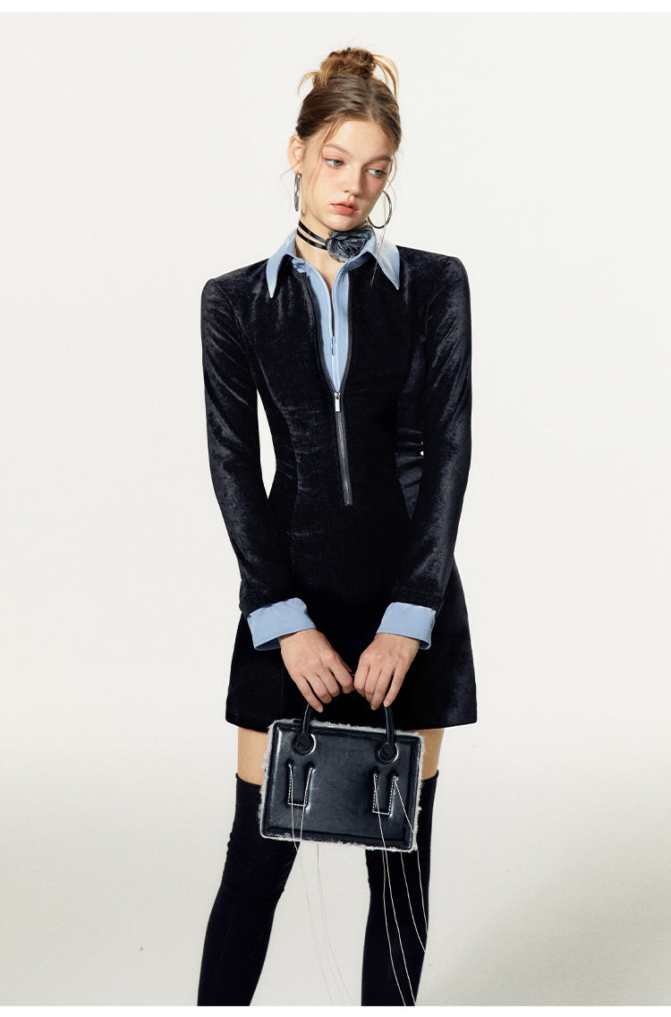 Faux Layered Front Zip Collared Velvet Dress