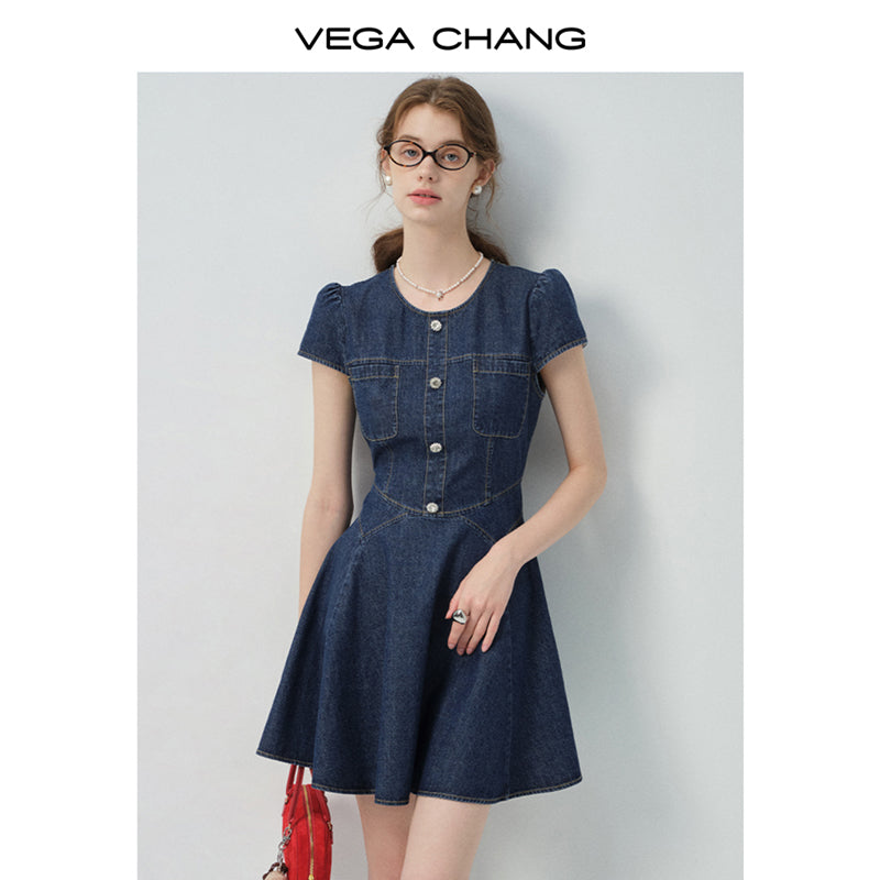 Puff-Sleeve Denim Flare Dress