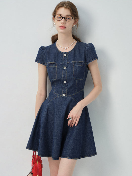Puff-Sleeve Denim Flare Dress