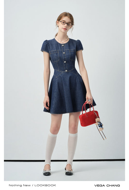 Puff-Sleeve Denim Flare Dress