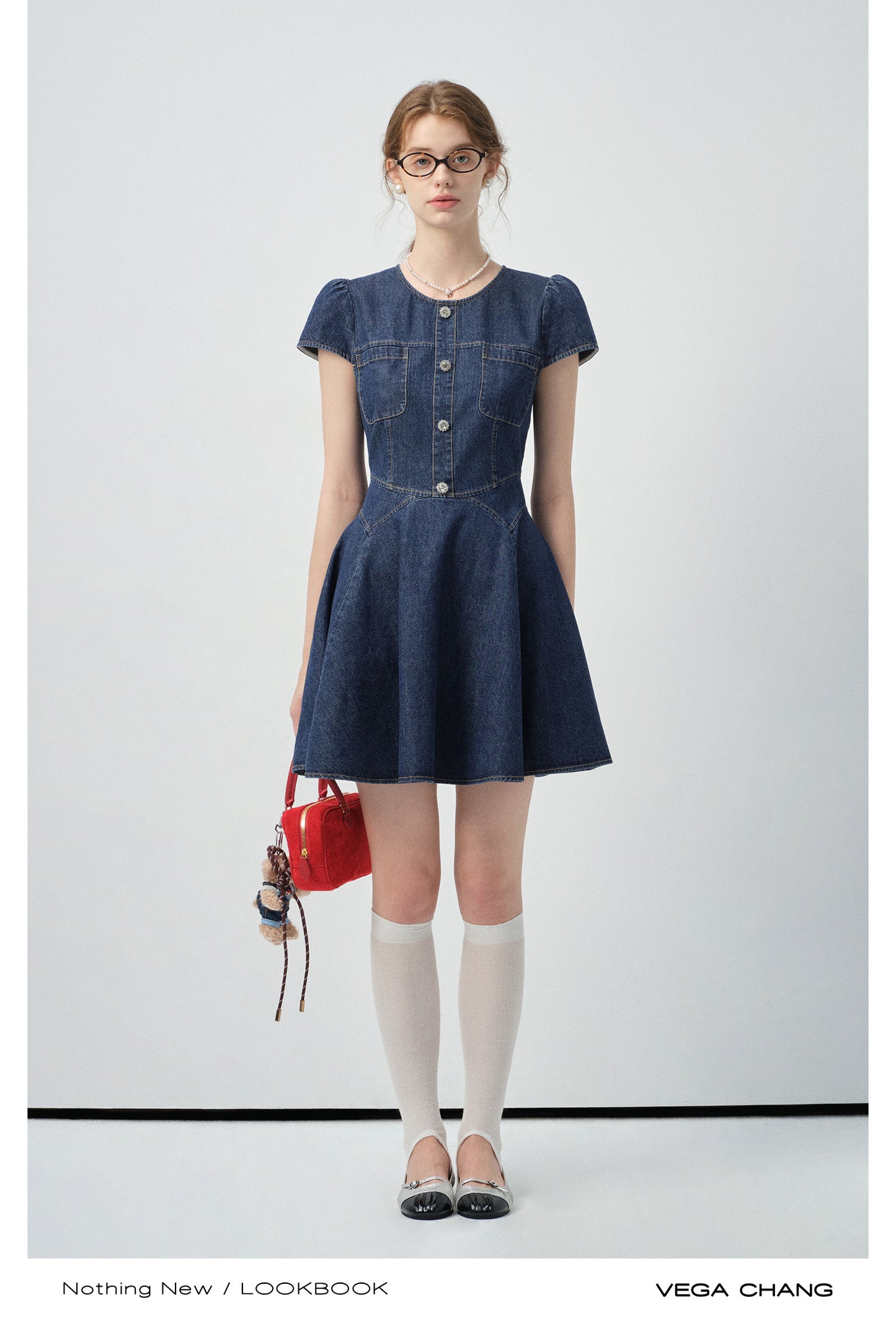 Puff-Sleeve Denim Flare Dress