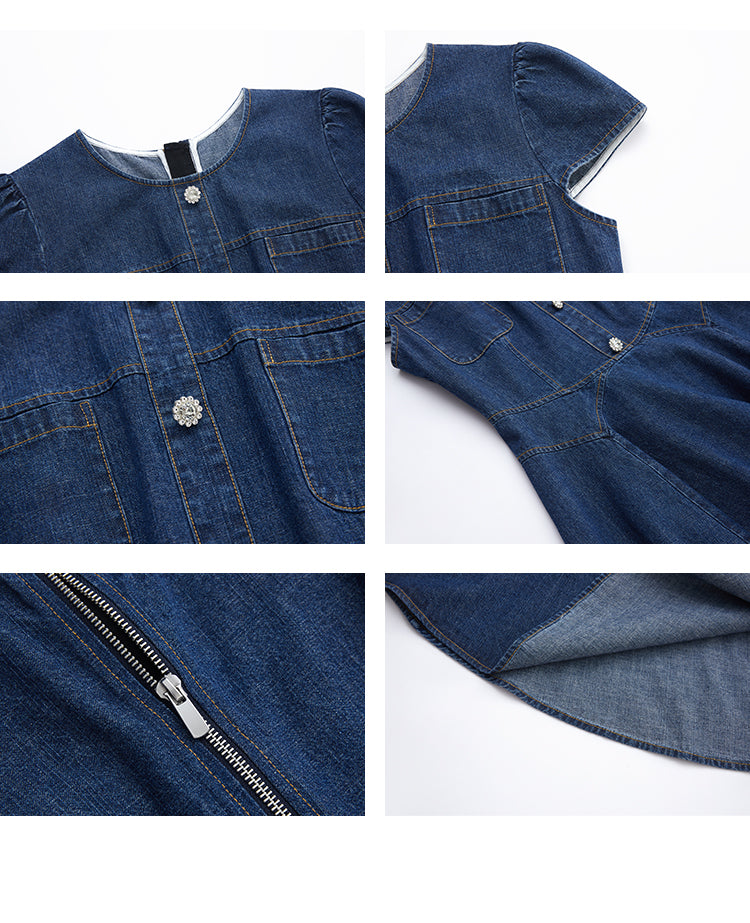 Puff-Sleeve Denim Flare Dress