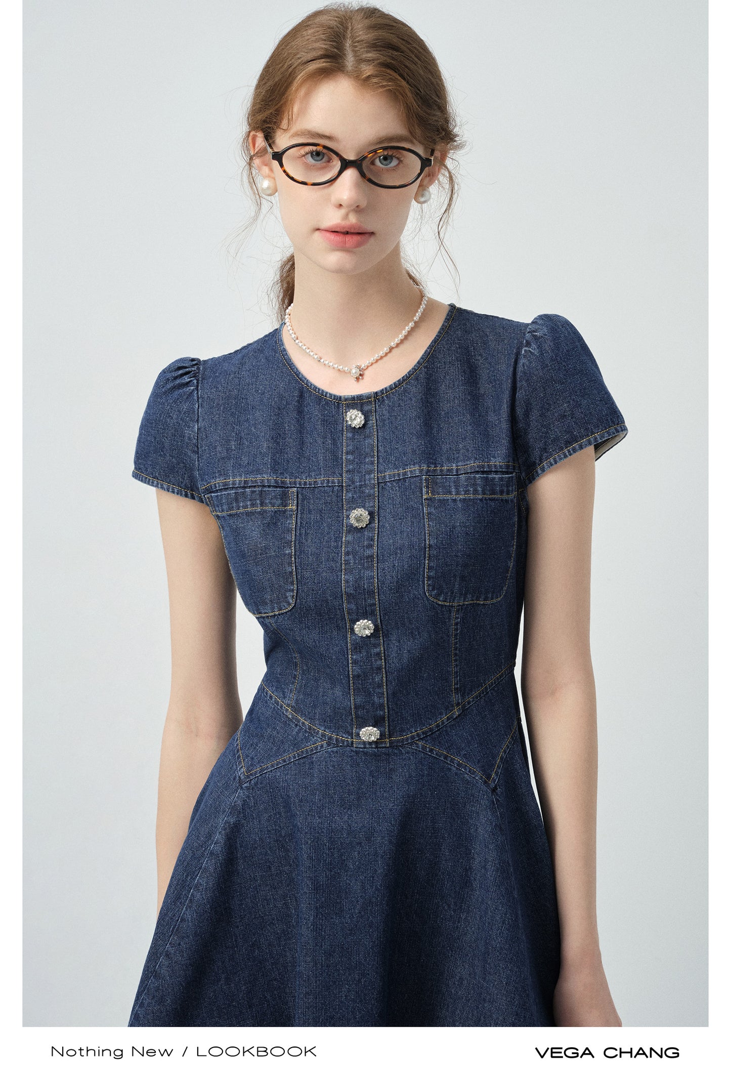 Puff-Sleeve Denim Flare Dress
