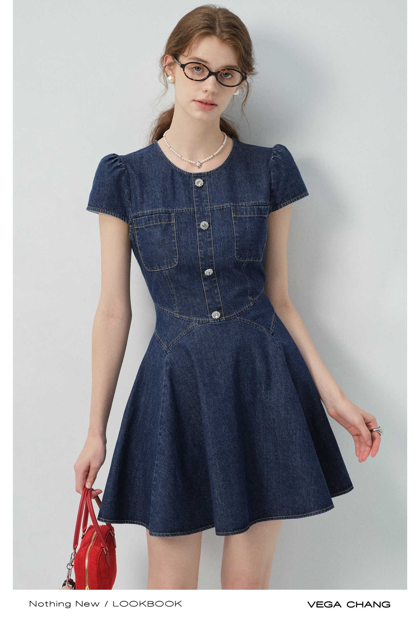 Puff-Sleeve Denim Flare Dress