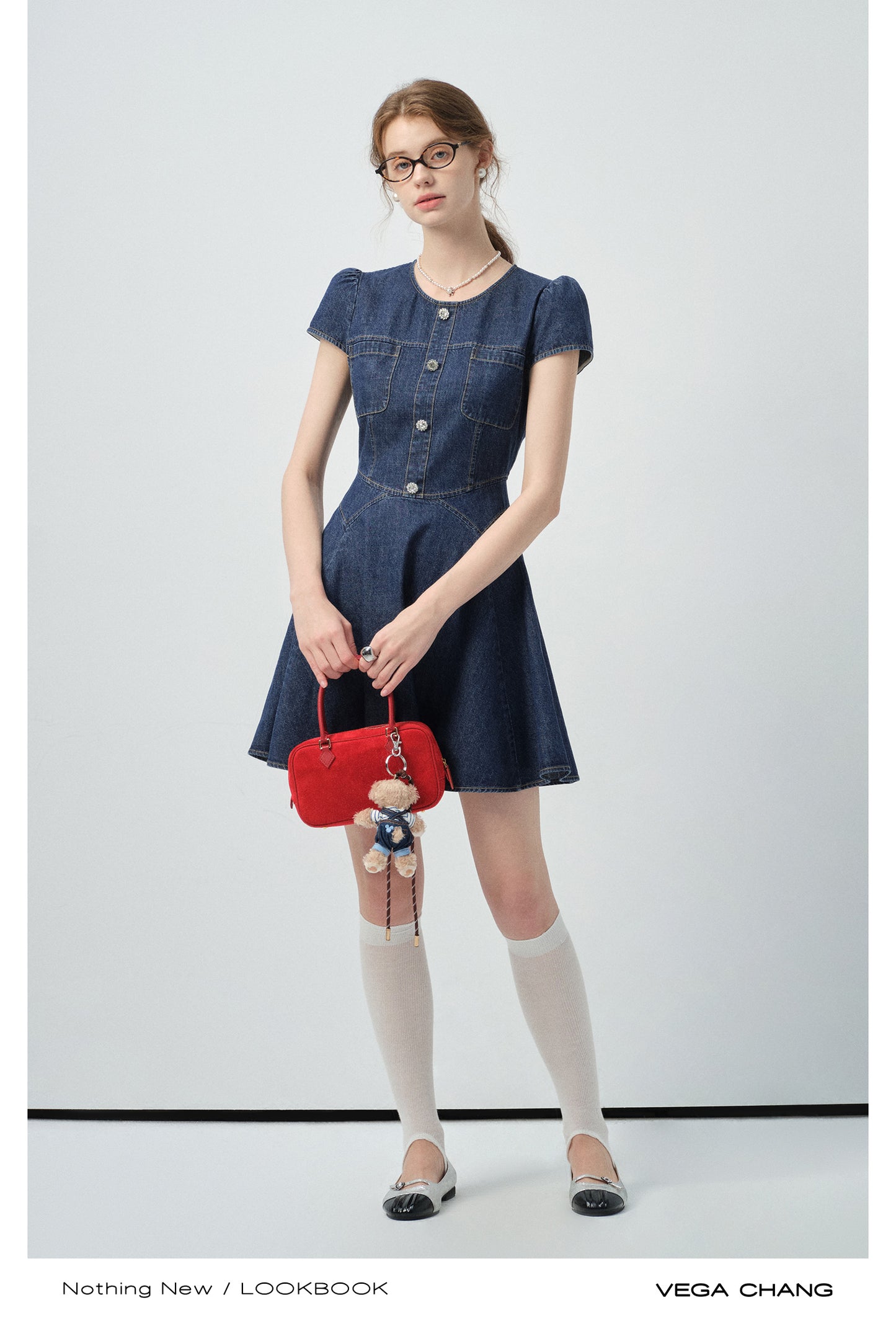 Puff-Sleeve Denim Flare Dress