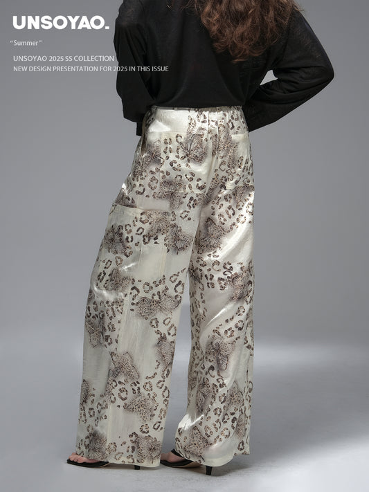 Satin Wide-Leg Pants With Leopard Butterfly Print