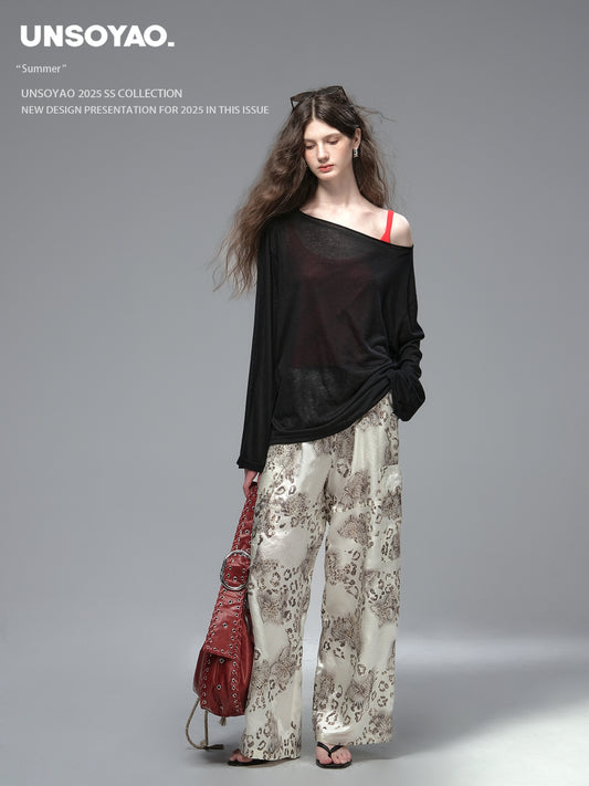 Satin Wide-Leg Pants With Leopard Butterfly Print