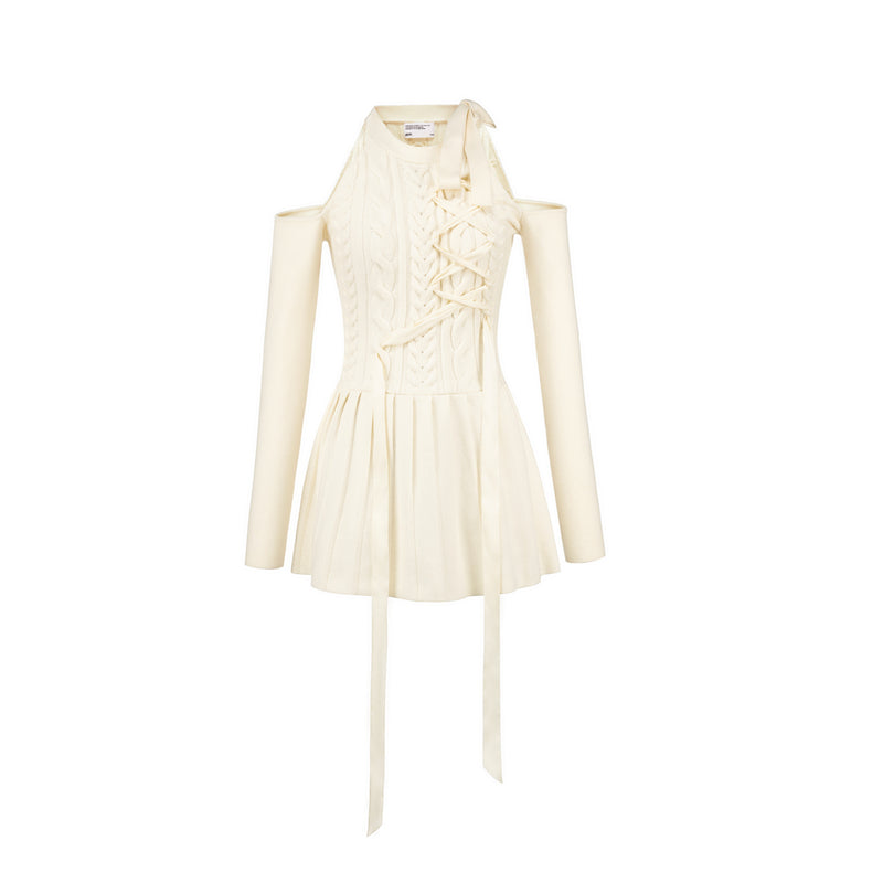 Open Shoulder Cable Knit Dress With Ribbon Detail
