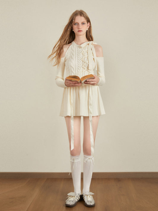 Open Shoulder Cable Knit Dress With Ribbon Detail