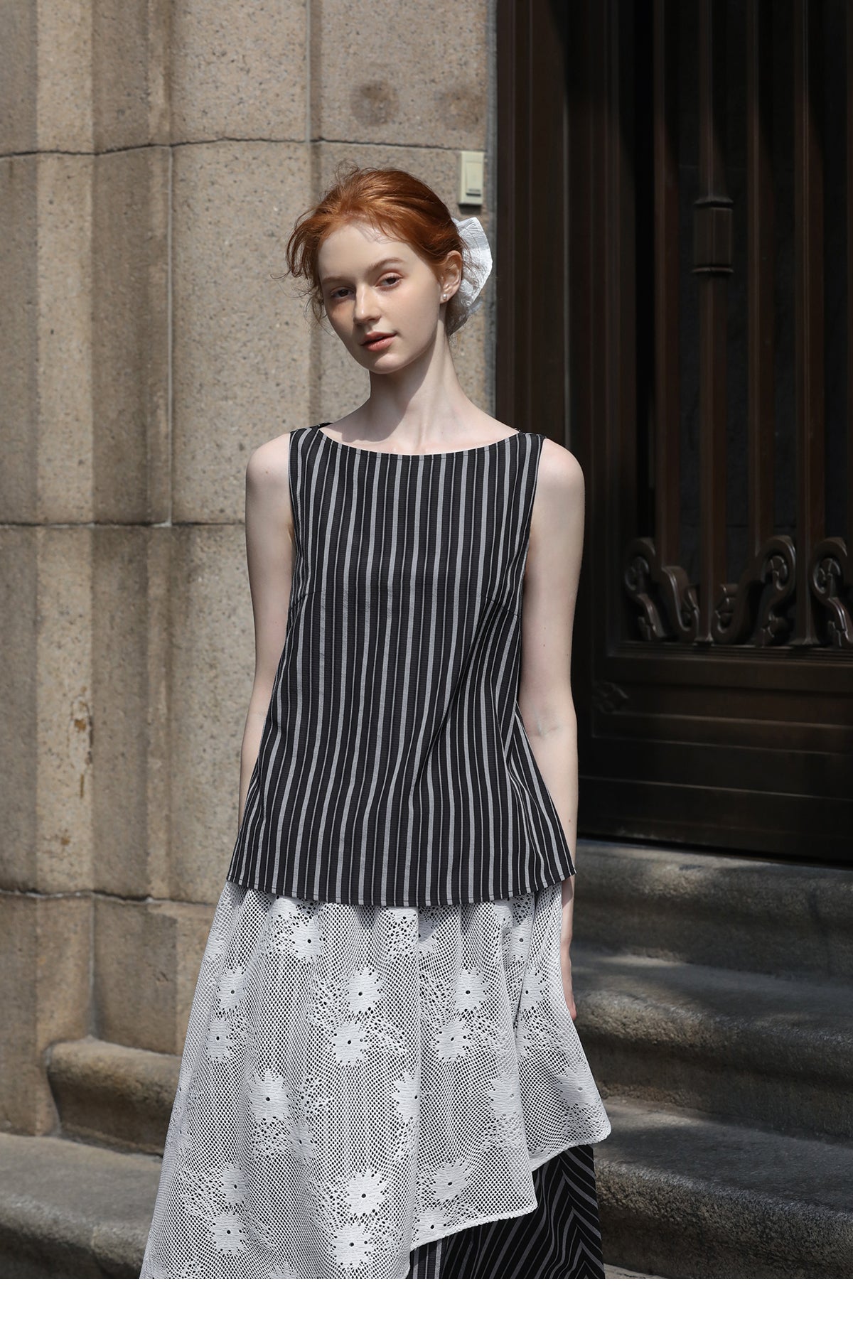 Striped Sleeveless Top & Matching Lace Layered Skirt
