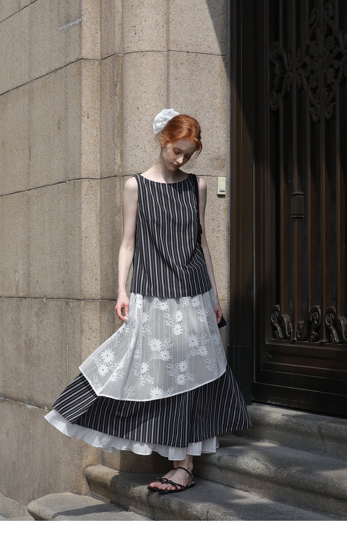 Striped Sleeveless Top & Matching Lace Layered Skirt