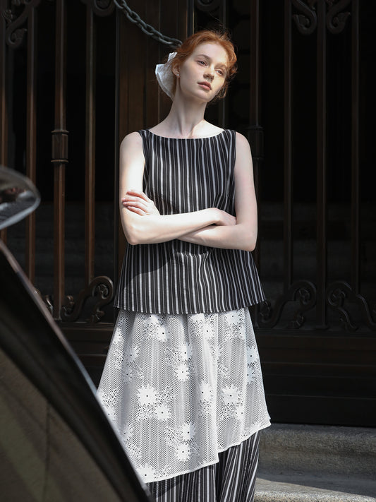 Striped Sleeveless Top & Matching Lace Layered Skirt