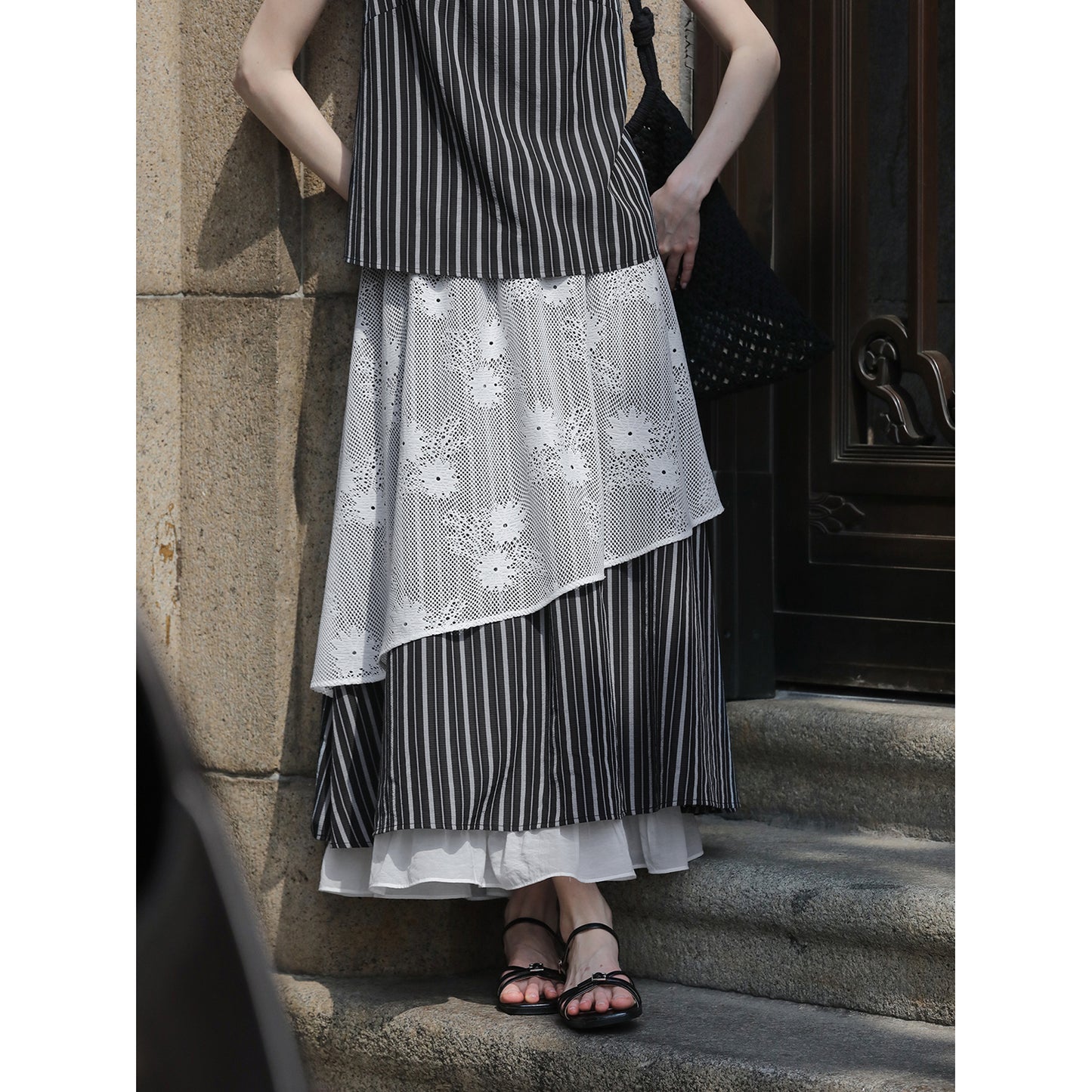 Striped Sleeveless Top & Matching Lace Layered Skirt