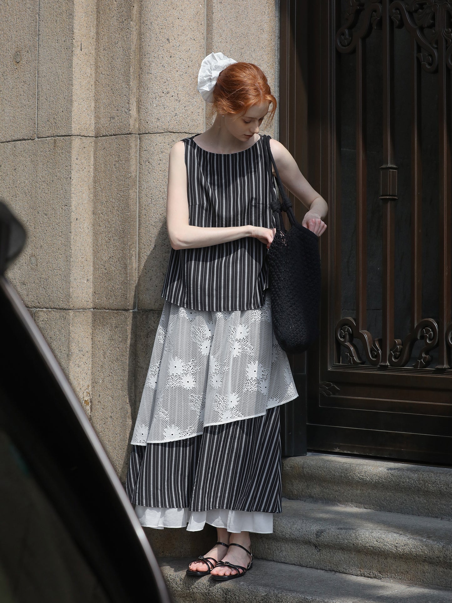 Striped Sleeveless Top & Matching Lace Layered Skirt