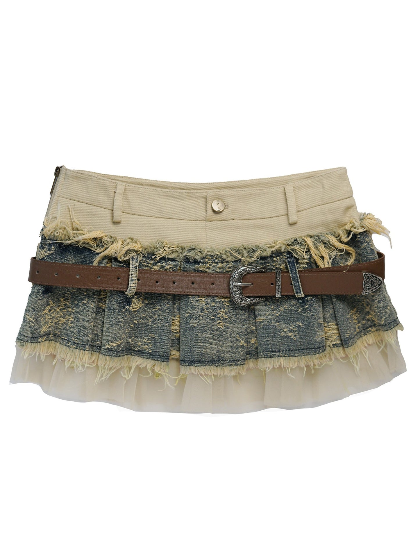 Mixed Fabric Fringed Denim Mini Skirt