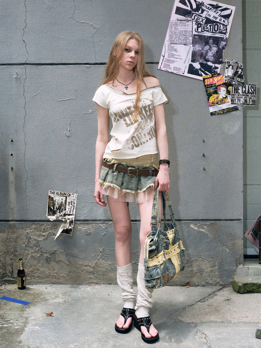 Mixed Fabric Fringed Denim Mini Skirt