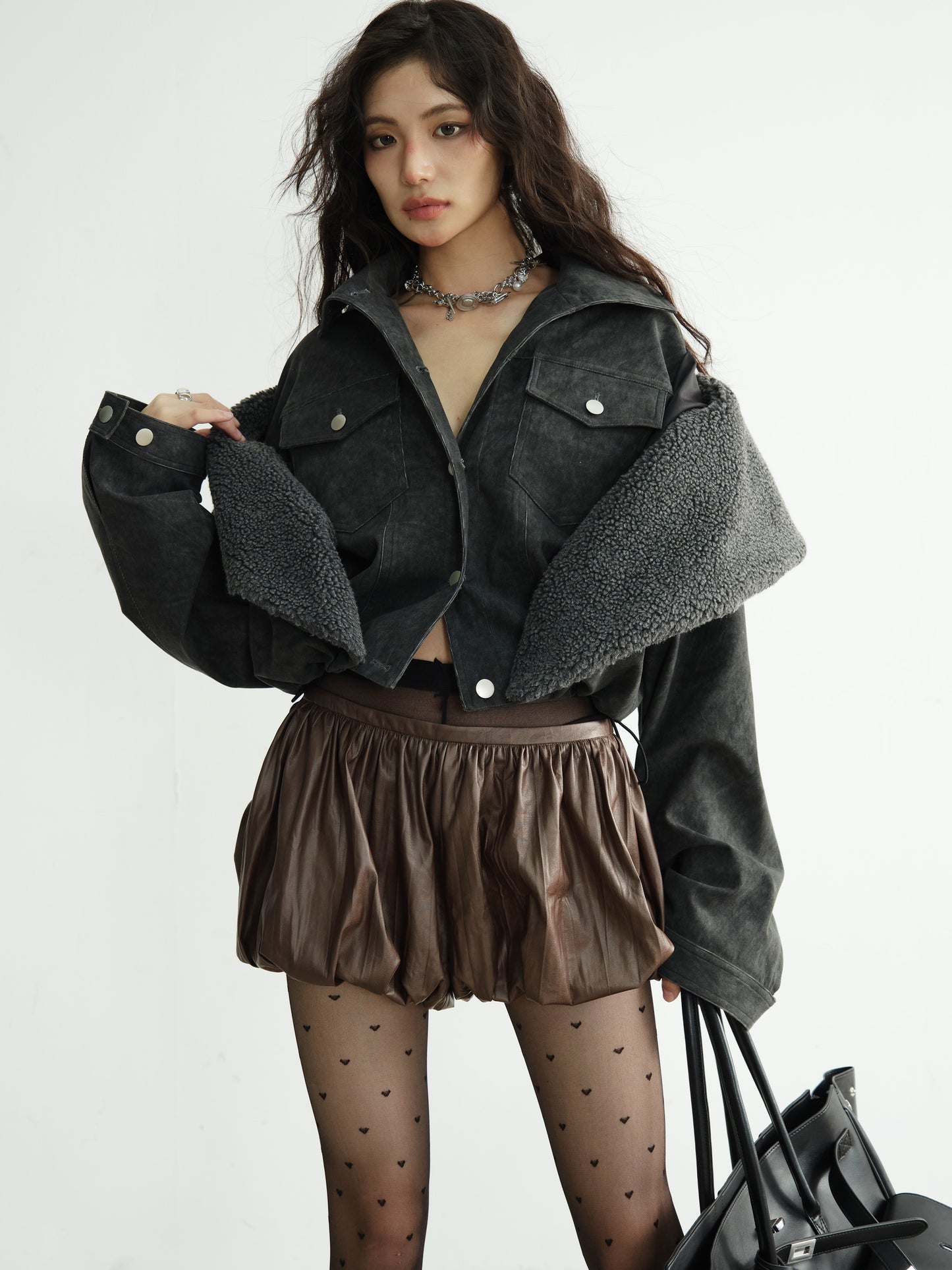 Faux Shearling Overlay Short Jacket