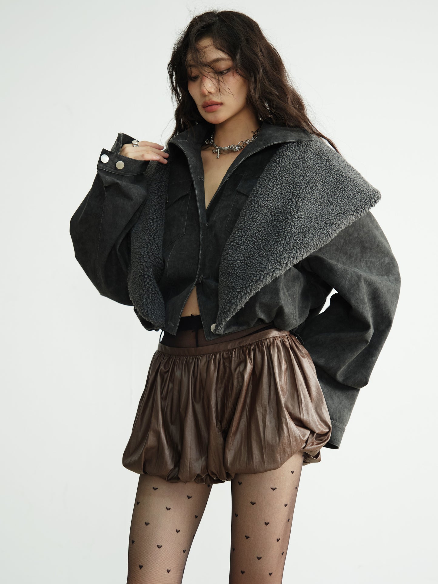 Faux Shearling Overlay Short Jacket