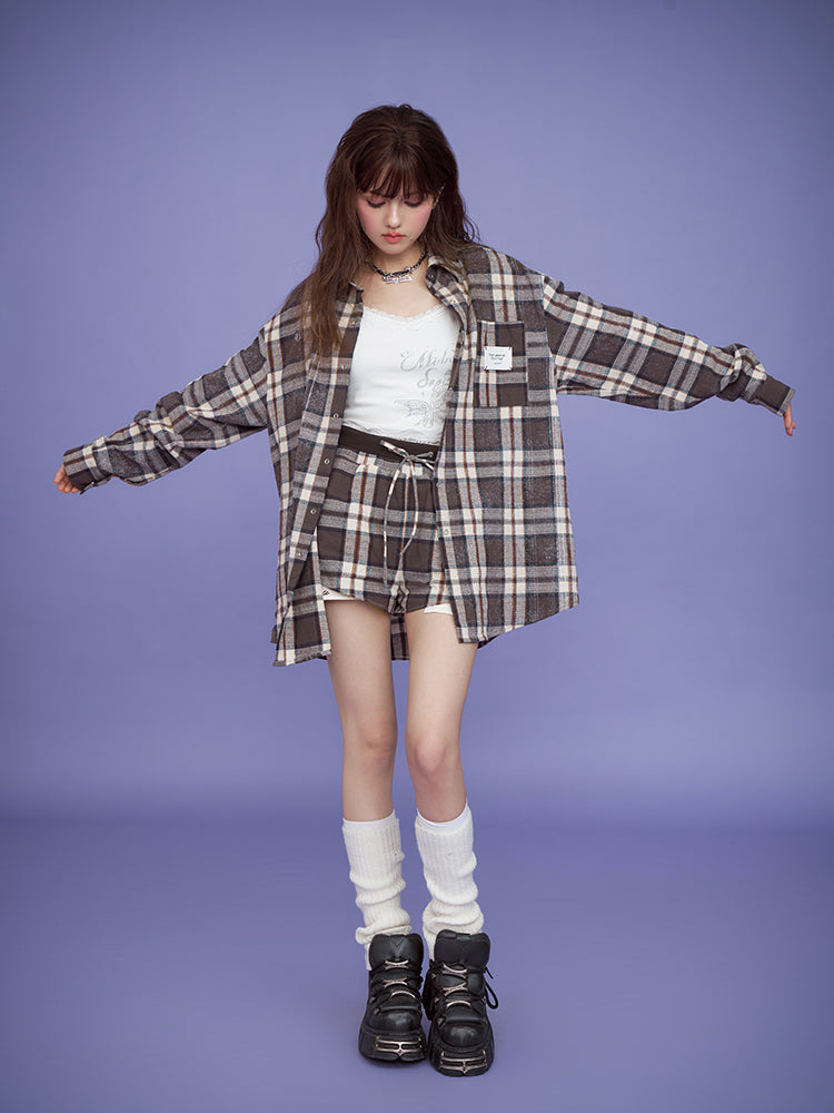 Plaid Oversized Linen-Blend Shirt, High-Waisted Shorts