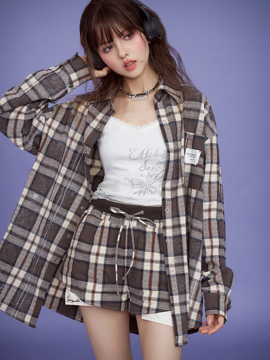 Plaid Oversized Linen-Blend Shirt, High-Waisted Shorts