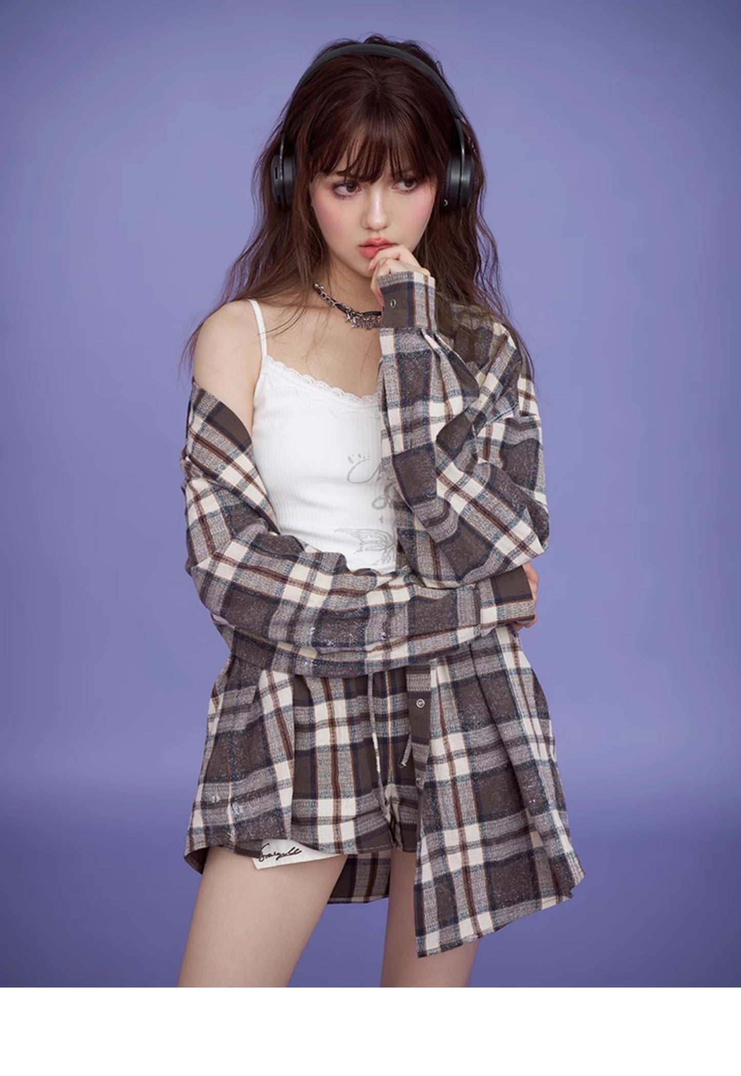 Plaid Oversized Linen-Blend Shirt, High-Waisted Shorts