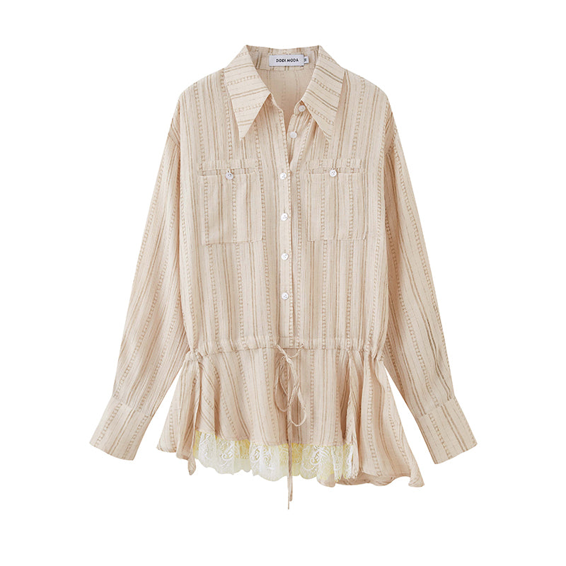 Striped Shirt With Waist Tie And Elongated Collar