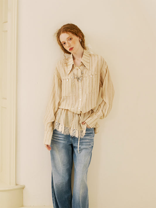 Striped Shirt With Waist Tie And Elongated Collar