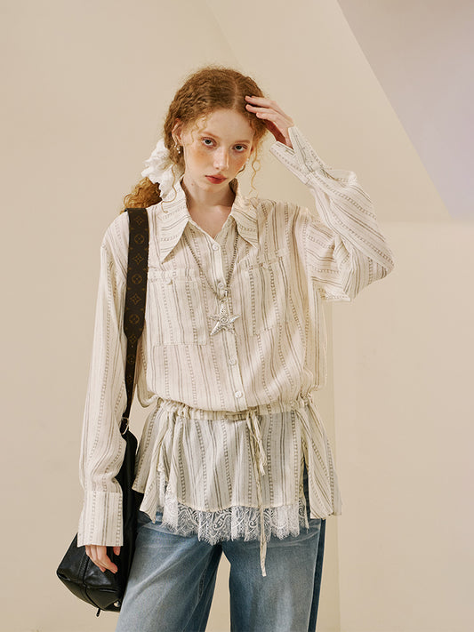 Striped Shirt With Waist Tie And Elongated Collar
