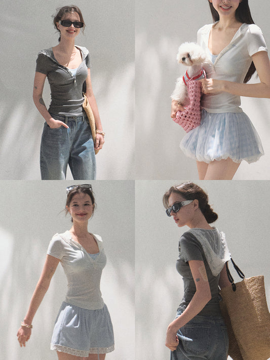 Slim Fit Lace Hood T-Shirt