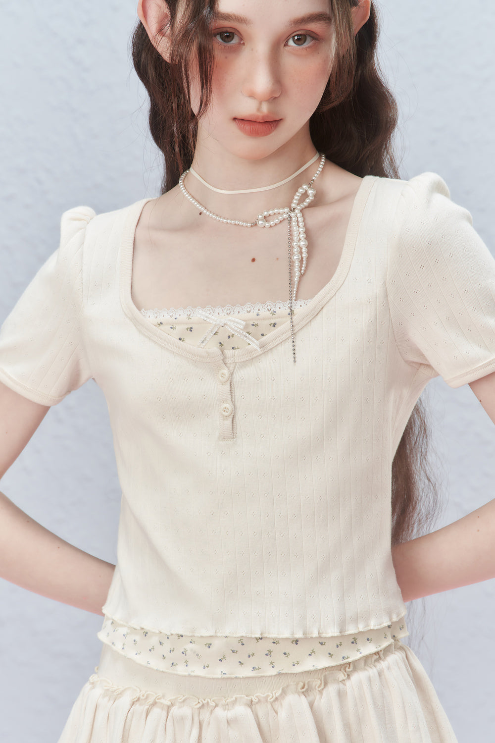 Floral Pointelle Puff-Sleeve T-Shirt